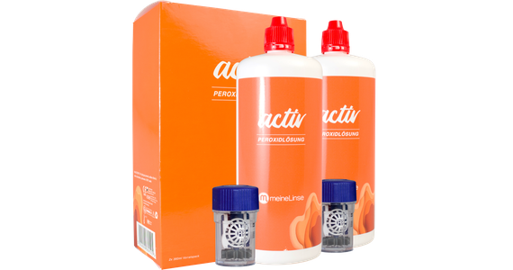 meineLinse activ Peroxidlösung Doppelpack und Kontaktlinsenbehälter mit Verpackung